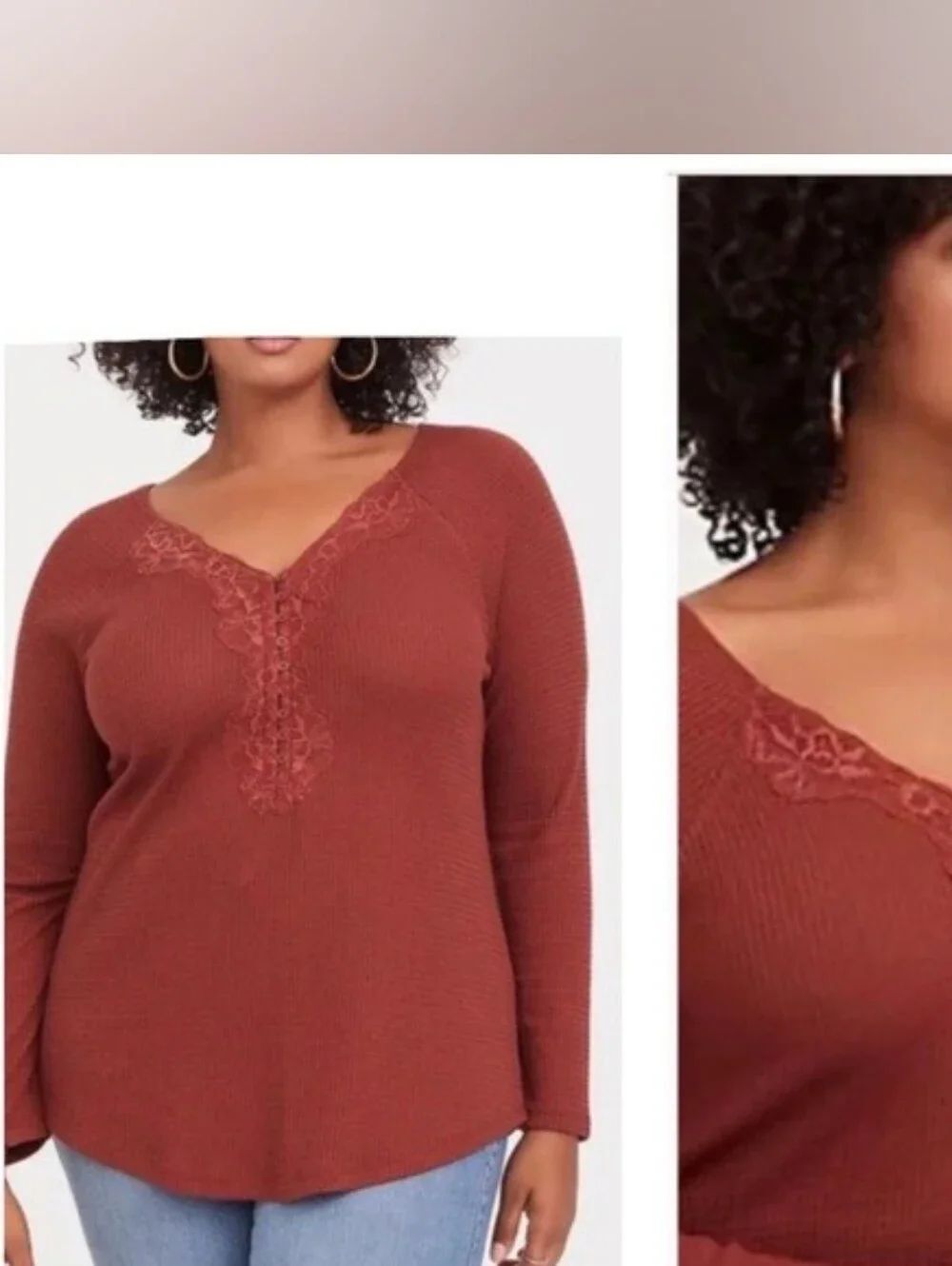 TorridâWaffle Knit V Neck Top With Lace Sz 2, Great Condition